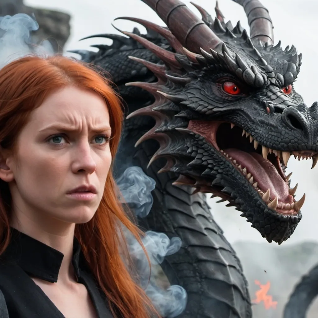 Prompt: face of angry black dragon as background. Smoke issuing from its nostrils. Red-headed young lady standing in foreground to the side. Middle-aged red-headed male with long hair standing in foreground opposite young lady