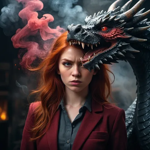 Prompt: face of angry black dragon as background. Smoke issuing from its nostrils. Red-headed young lady standing in foreground to the side. Middle-aged red-headed male with long hair standing in foreground opposite young lady