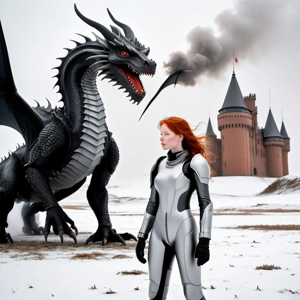 Prompt: in the background an ancient castle on flat snow covered ground. the sky is overcast. A light snow is falling. In the near foreground, on the left stands an extremely attractive redheaded female of 25 years dressed in a light grey body fitting space suit. I the foreground on the right stands a very large black dragon with smoke dribbling from its nostrils. The dragon is looking at the observer.