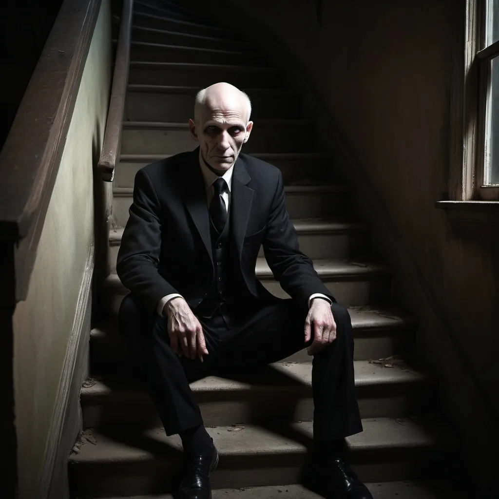 Prompt: A thin pale creepy man wearing a black business suit sitting on the stairs of a house