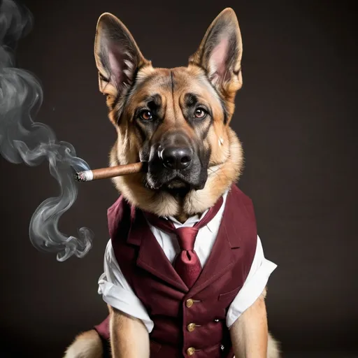 Prompt: german shephard dog wearing a waist coat and smoking a cigar, nft