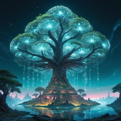 Prompt: An ethereal dreamscape where the boundaries of nature and technology blur: a colossal tree with branches of crystal and circuitry, its leaves glowing with bioluminescent patterns, surrounded by floating islands suspended in a twilight sky. Each island hosts an ecosystem that seamlessly merges flora, fauna, and futuristic elements—mechanical butterflies with holographic wings, rivers of liquid light flowing past cybernetic flowers, and ancient ruins interwoven with advanced alien technology. The scene evokes a sense of mystical wonder and the infinite possibilities of the fusion between the organic and the synthetic.