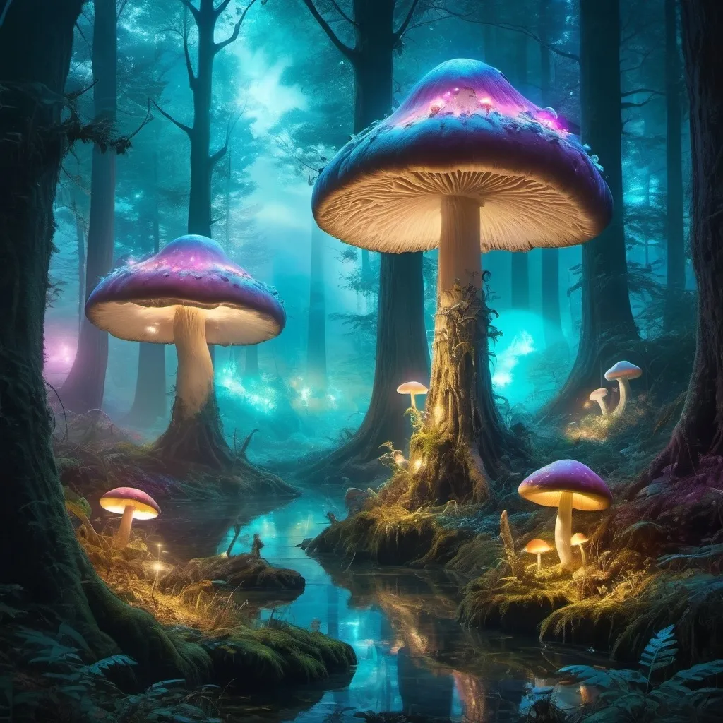 Prompt: A surreal forest where giant, bioluminescent mushrooms grow among ancient trees, with soft, glowing mist floating in the air, and mythical creatures like unicorns and fairies roaming freely.