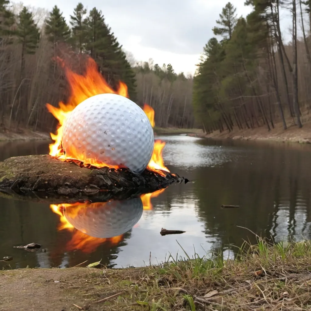 Prompt: big golf ball burning in woods next to river