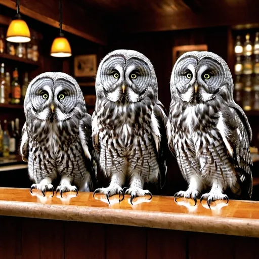 Prompt: great gray owls sitting at a bar
