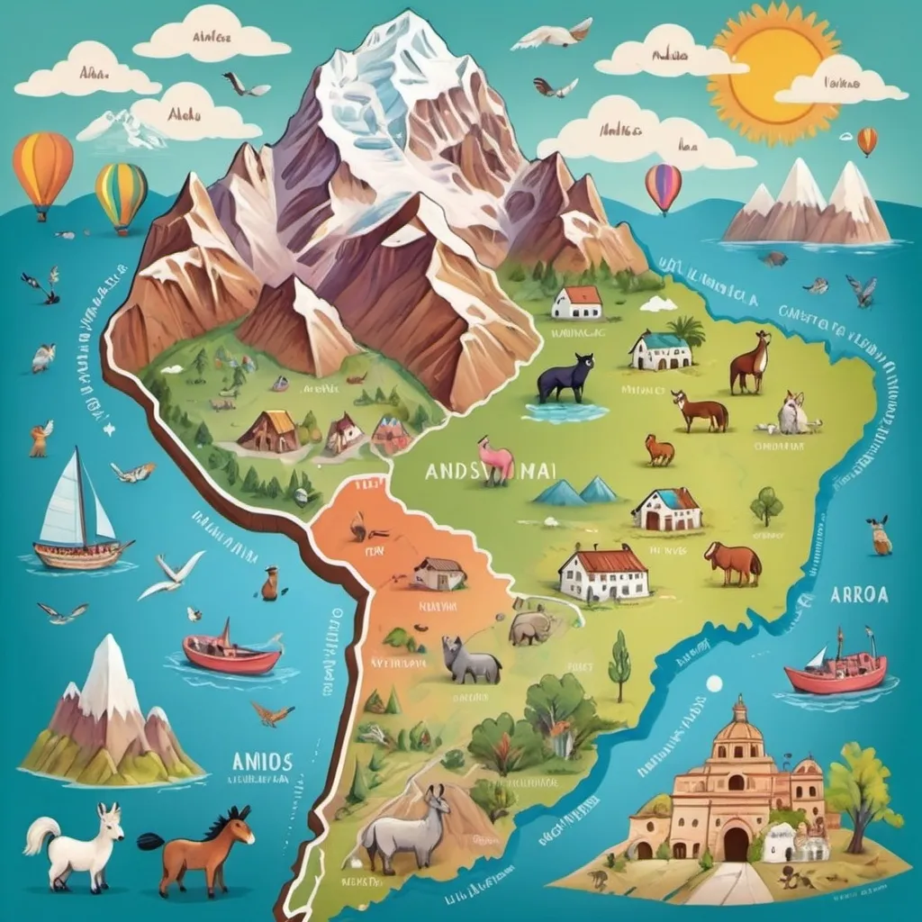 Prompt: cute Ilustrated map of south america showing the Andes range