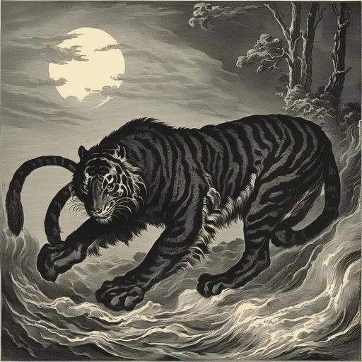 Prompt: <mymodel> Gustave Dore style  un tigre à deux tete saute en arriérer plan, ink black , gravure à l'eau forte , beaucoup de detail , noir et blanc ; nuit noire, mystic , esoteric, paganism symbol