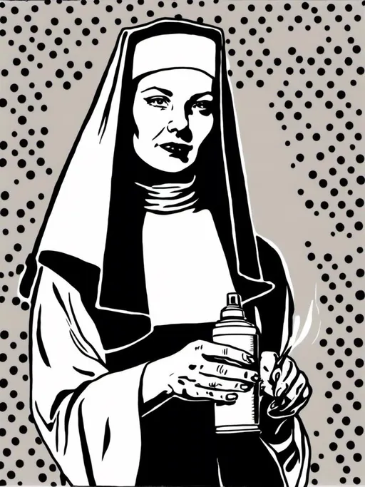 Prompt: <mymodel> a sister holds a montana spray paint can in her hand , nun, ink outline, black and white, humour,