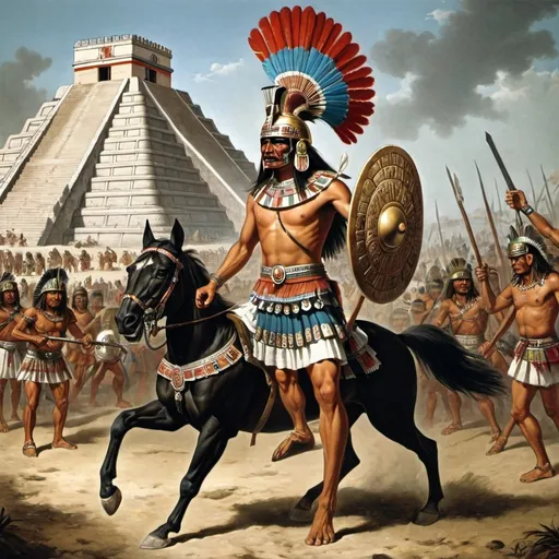 Prompt: Un guerriero azteca e uno spagnolo si incontrano a tenochtitlan. 
