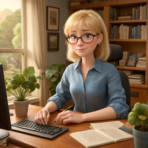 Prompt: A woman in her fifties with shoulder length blond hair and bangs wearing a blue shirt. Sitting in a home office setting working on a computer.