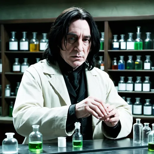 Prompt: Severus Snape doing chemistry in a laboratory