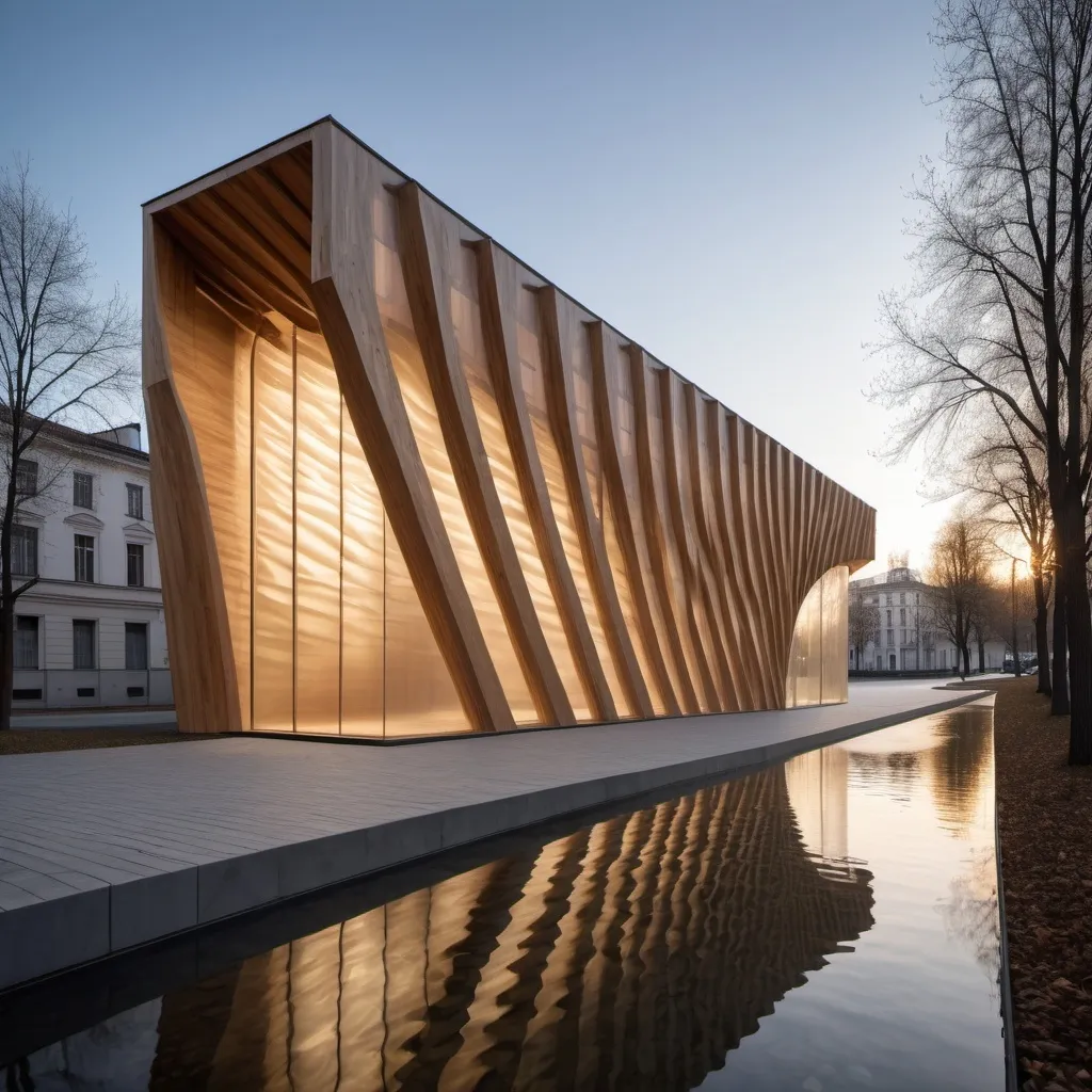 Prompt: Parametric modern building inspirated form a flowing water. Supporting a historical landwall Translucent facade. Light reflections.situated near a land. Material is wood