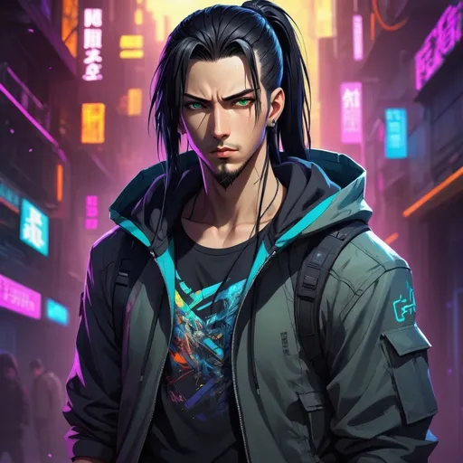 Prompt: Anime male, long, black hair (ponytail), confident and wise eyes, wearing a hooded jacket, t-shirt and cargo pants, cyberpunk background, high resolution, ultra-detailed, vivid colors, dynamic lighting, charming demeanor, intricate details, radiant portrait, visually striking, captivating and lively, emotional depth, extraordinary character design.