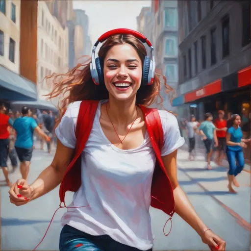 Prompt: A oil painting portrait of a beautiful young woman, she is wearing red headphones, smiling, happy, dancing to the beat on a city sidewalk. Dynamic movement and full body portrait.