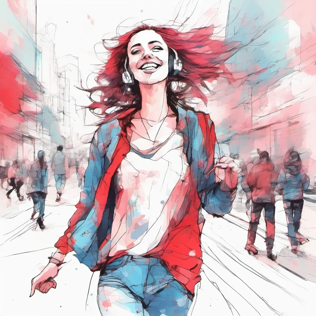 Prompt: A watercolor line art style portrait of a beautiful young woman, she is wearing red earbuds, walking down a city sidewalk, dancing to the beat.