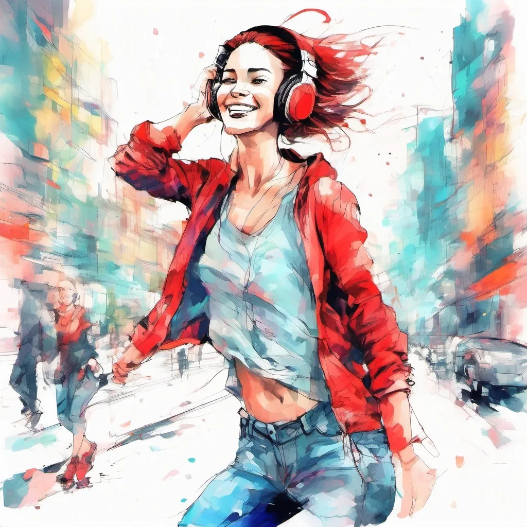 Prompt: A watercolor painting of a beautiful young woman, she is wearing red headphones, smiling, happy, dancing to the beat on a city sidewalk. Dynamic movement, full body portrait.