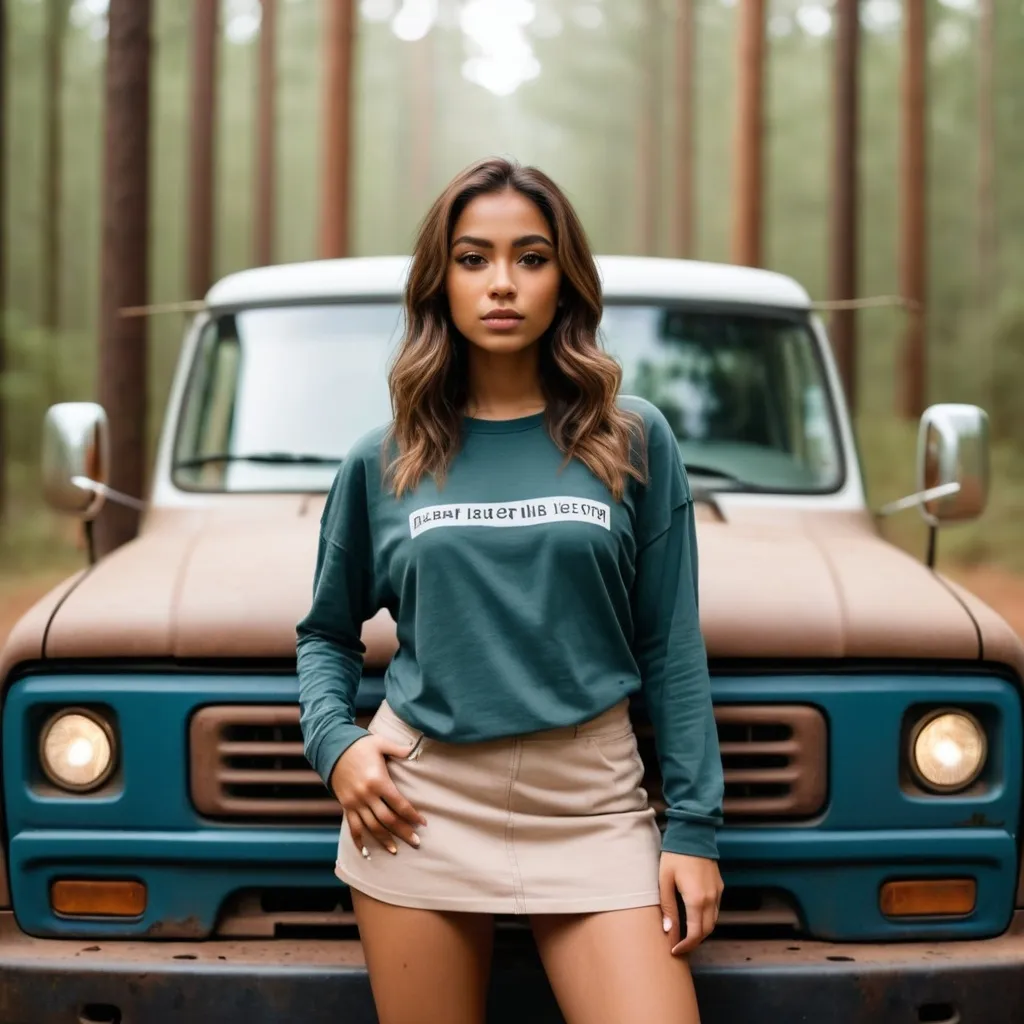 Prompt: a woman, beautiful, standing in front of a truck, she is wearing a long sleeve t-shirt, and mini skirt, art photography, light brown skin, forest background