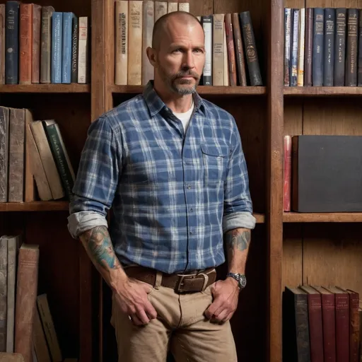 Prompt: A Caucasian male, 42 years old, lean and fit, rugged looks, heavy 5 o'clock shadow, short hair that's graying, faded tattoo on his left forearm, he is wearing a blue plaid button down shirt open with a white t-shirt, brown chino pants, chukka boots, he is standing in a brick building in front of a book shelf, lots of books, subtle art on the wall