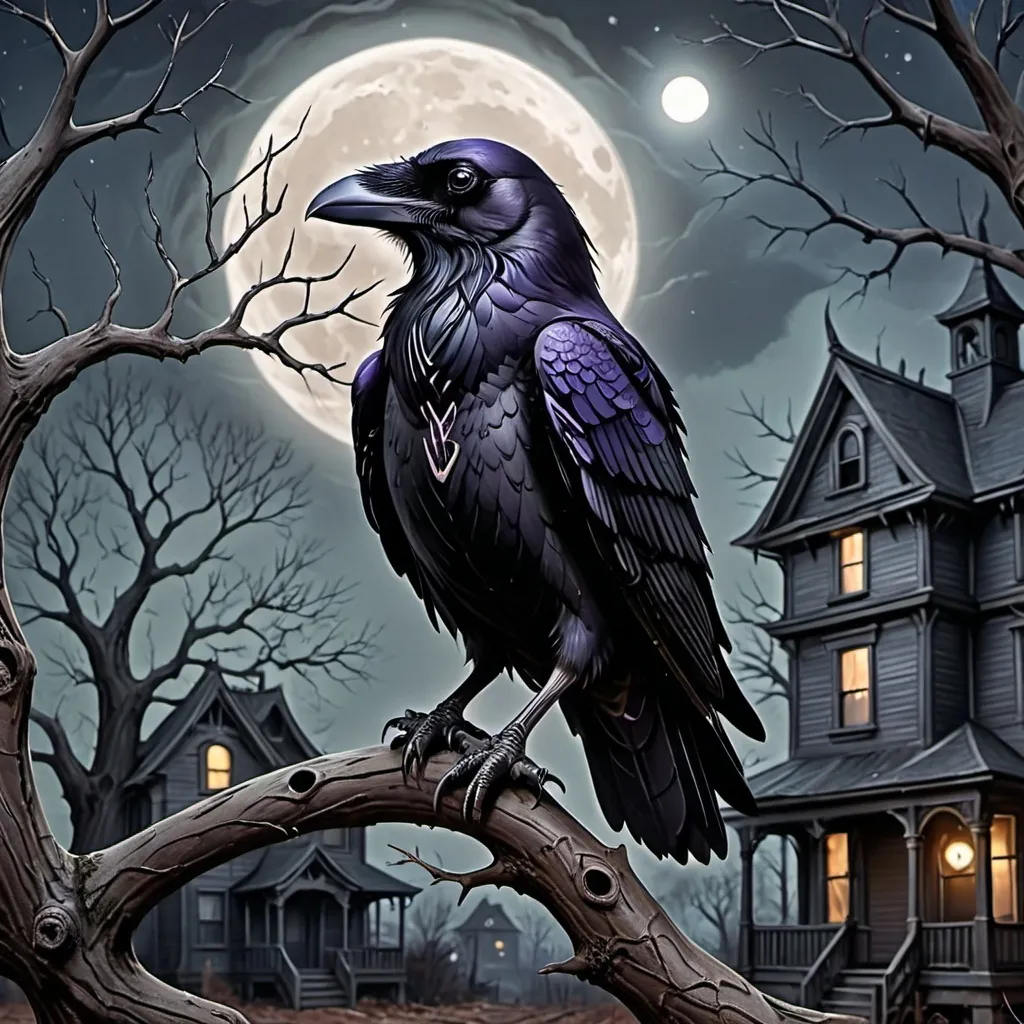 Prompt: A tattoo design:
A raven sits in a leafless tree, a creepy house in the background, eerie night scene, the full moon the only light source.