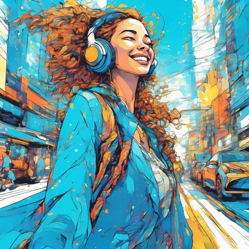 Prompt: (detailed line art) portrait of a beautiful young woman, wearing (vibrant blue headphones), dancing joyfully as she walks down a bustling city sidewalk, with stylish outfits, lively urban background, sunlight illuminating the scene, (playful and energetic ambiance), ultra-detailed, vivid colors that express movement and rhythm.