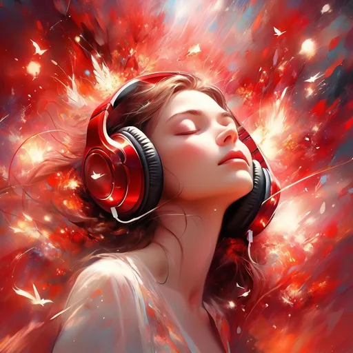 Prompt: (beautiful woman), close-up portrait, (soft feminine features), wearing headphones, (closed eyes) (looking up the sky), (music exploding around her), vibrant watercolor splash, in different shades of red, ethereal atmosphere, dream-like ambiance, (ultra-detailed), captivating, expressive, soft lighting, harmonious color blending, artistic masterpiece.