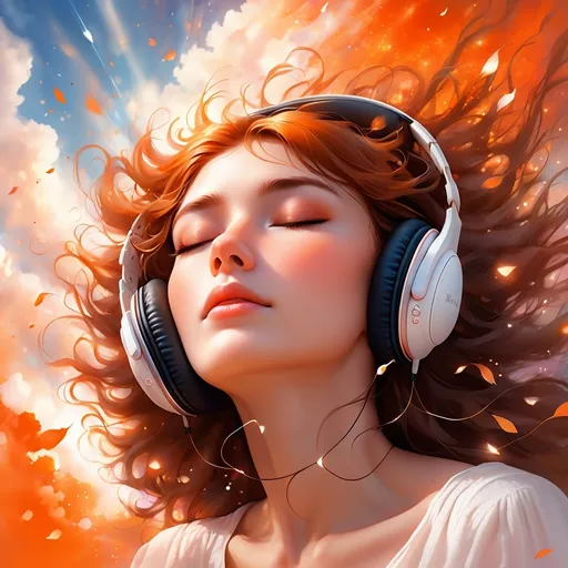 Prompt: (beautiful woman), close-up portrait, (soft feminine features), wearing small headphones, (closed eyes) (looking up the sky), (music exploding around her), vibrant watercolor splash, in different shades of orange, ethereal atmosphere, dream-like ambiance, (ultra-detailed), captivating, expressive, soft lighting, harmonious color blending, artistic masterpiece.