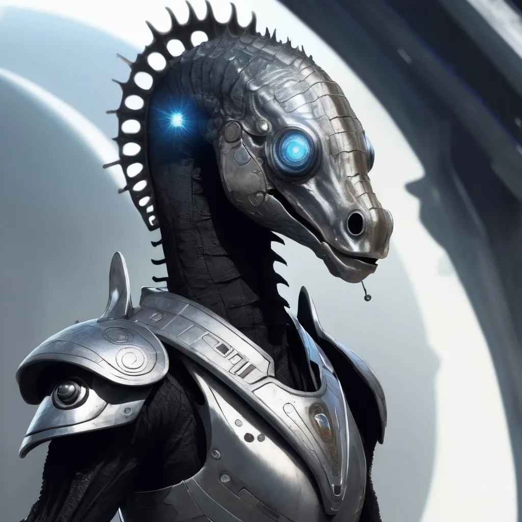 Prompt: create for me a seahorse, grey alien hybrid, wearing futuristic sci-fi armor, halo meets star wars theme