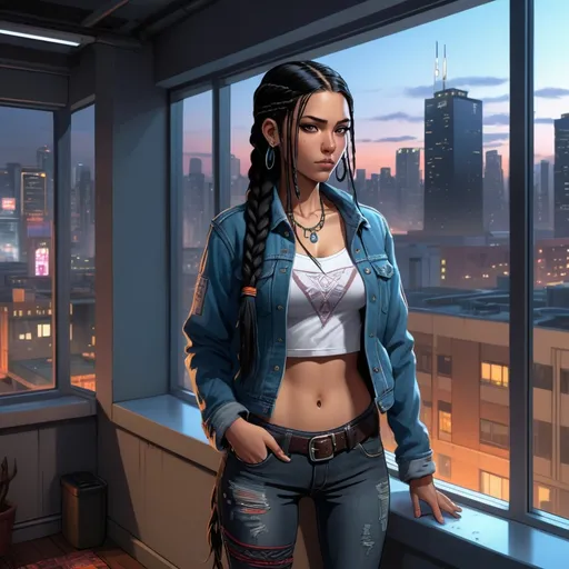 Prompt: An anime female, American Indian, long black hair in braids, deep brown eyes, hourglass figure, wearing a t-shirt, jean jacket, and low rise jeans, standing in a loft apartment with floor to ceiling windows, at night, cyberpunk city background, you can see modern skyscrapers and electronic billboards thru the window, high resolution, ultra-detailed, vivid colors, dynamic lighting, charming demeanor, intricate details, radiant portrait, visually striking, captivating and lively, emotional depth, extraordinary character design.