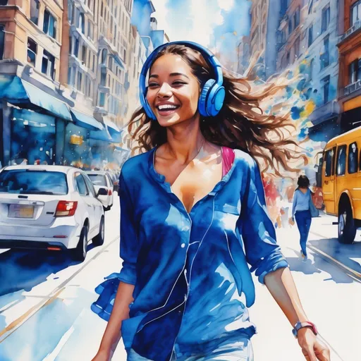 Prompt: (watercolor line art) portrait of a beautiful young woman, wearing (vibrant blue headphones), dancing joyfully as she walks down a bustling city sidewalk, with stylish outfits, lively urban background, sunlight illuminating the scene, (playful and energetic ambiance), ultra-detailed, vivid colors that express movement and rhythm.