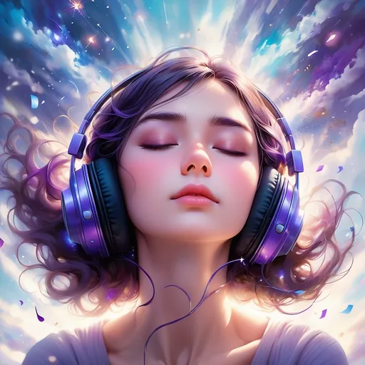 Prompt: (beautiful woman), close-up portrait, (soft feminine features), wearing small headphones, (closed eyes) (looking up the sky), (music exploding around her), vibrant watercolor splash, in different shades of blue and purple, ethereal atmosphere, dream-like ambiance, (ultra-detailed), captivating, expressive, soft lighting, harmonious color blending, artistic masterpiece.