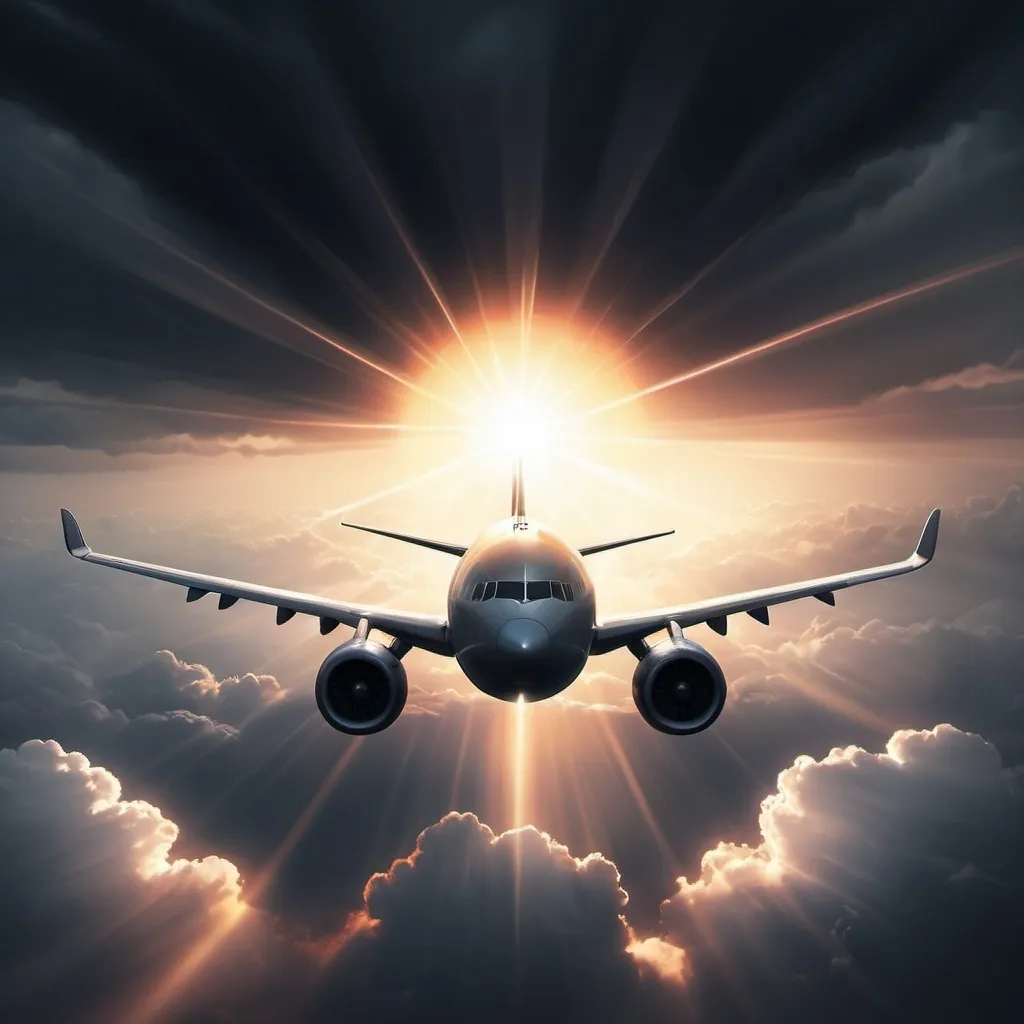 Prompt: Imagine a digital illustration of a plane flying. The sky is filled with dark clouds and the sun shines brightly, creating a dramatic and ominous aura.