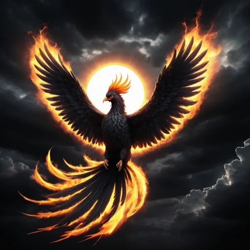 Prompt: Imagine a digital illustration of a  phoenix  flying away towards a black sun. The sky is filled with dark clouds and the sun shines brightly, creating a dramatic and ominous atmosphere