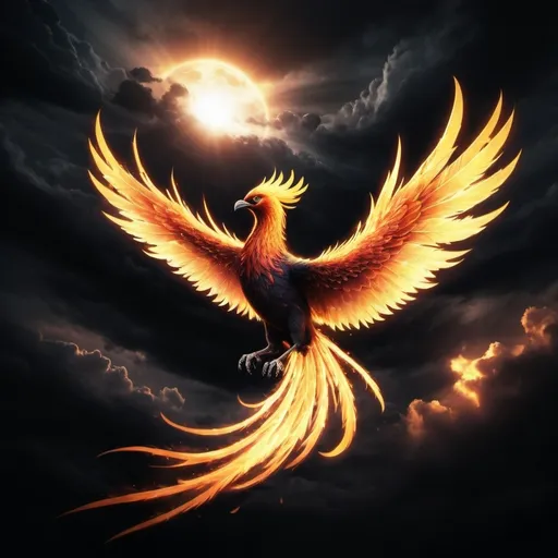 Prompt: Imagine a digital illustration of a  phoenix  flying away towards a black sun. The sky is filled with dark clouds and the sun shines brightly, creating a dramatic and ominous atmosphere