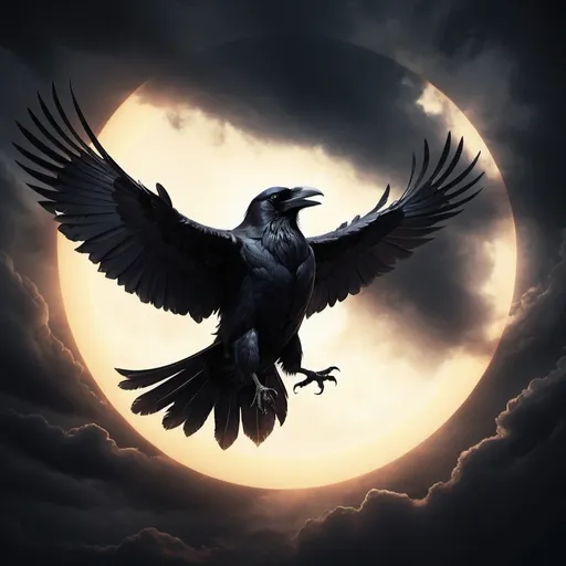 Prompt: Imagine a digital illustration of a half-man, half-raven person flying away towards a black sun. The sky is filled with dark clouds and the sun shines brightly, creating a dramatic and ominous atmosphere