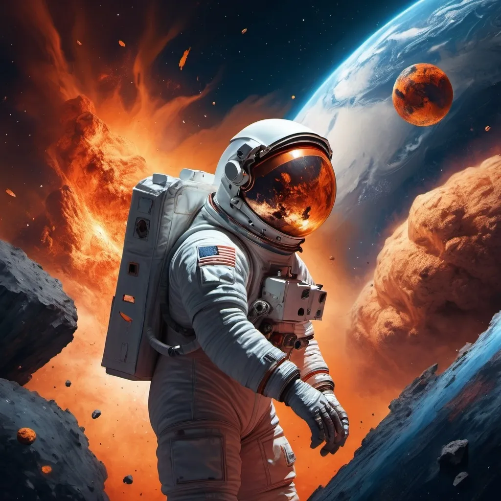 Prompt: Imagine a digital illustration of an astronaut looking at the earth that has been hit by a meteorite. 
in the background you can see the earth crumbling and fragments flying at the astronaut. the whole thing has a dramatic aura