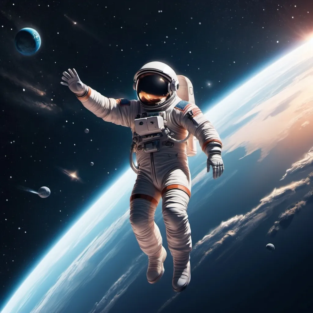 Prompt: Imagine a digital illustration of an astronaut falling from spaceship towards the earth.  you can see the stars in the background. the whole thing has a dramatic aura