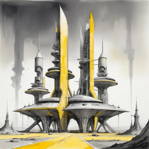 Prompt: futuristic spaceport with towers  in shades of gray and yellow, ink and wash  on paper,
