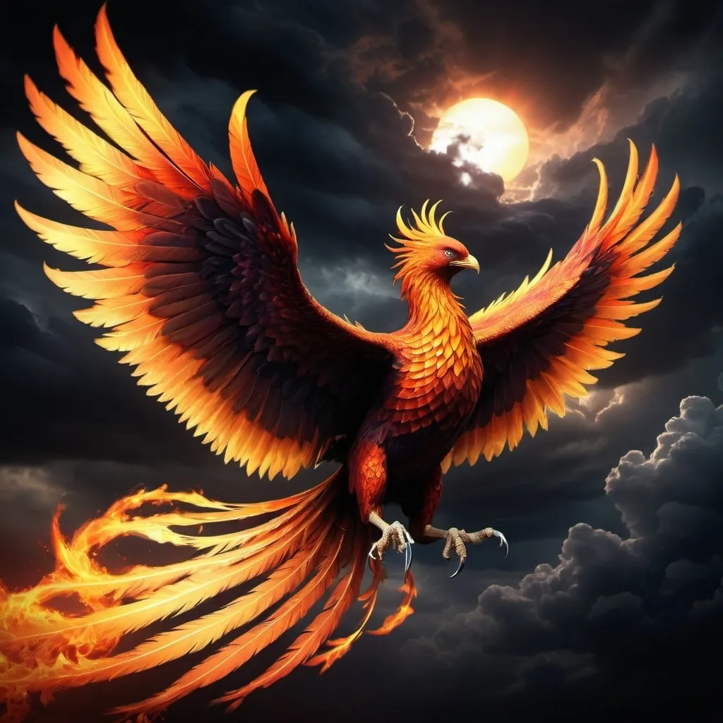 Prompt: Imagine a digital illustration of a  phoenix  flying away towards a black sun. The sky is filled with dark clouds and the sun shines brightly, creating a dramatic and ominous atmosphere