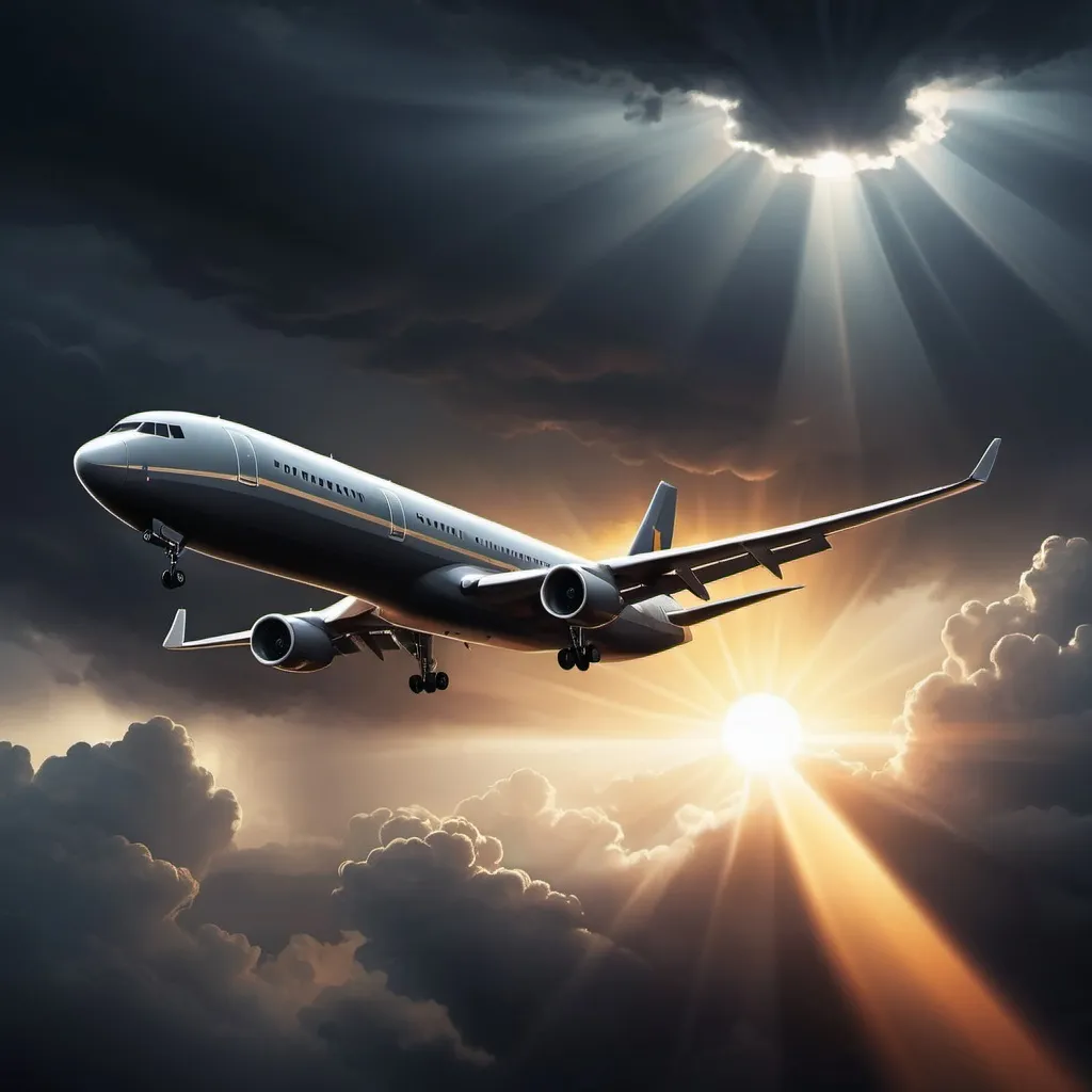 Prompt: Imagine a digital illustration of a plane taking off. The sky is filled with dark clouds and the sun shines brightly, creating a dramatic and ominous aura.