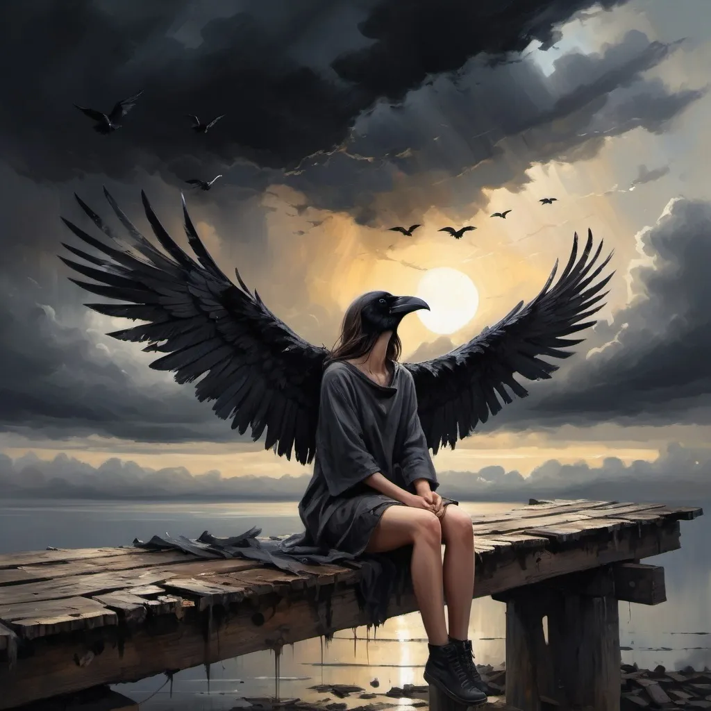 Prompt: imagine a girl sitting on a ruined old wooden bridge in torn clothes. The sky is filled with dark clouds and the sun shines brightly, creating a dramatic and ominous atmosphere. The bird looks like a raven with its wings spread wide and its head turned to the side. The overall mood of the painting is dark and evil.