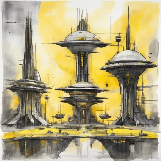 Prompt: futuristic spaceport with towers  in shades of gray and yellow, ink and wash  on paper,