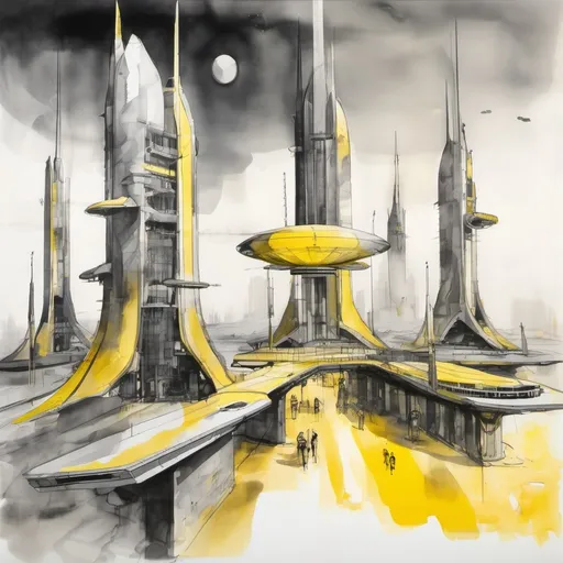 Prompt: futuristic spaceport with towers  in shades of gray and yellow, ink and wash  on paper,