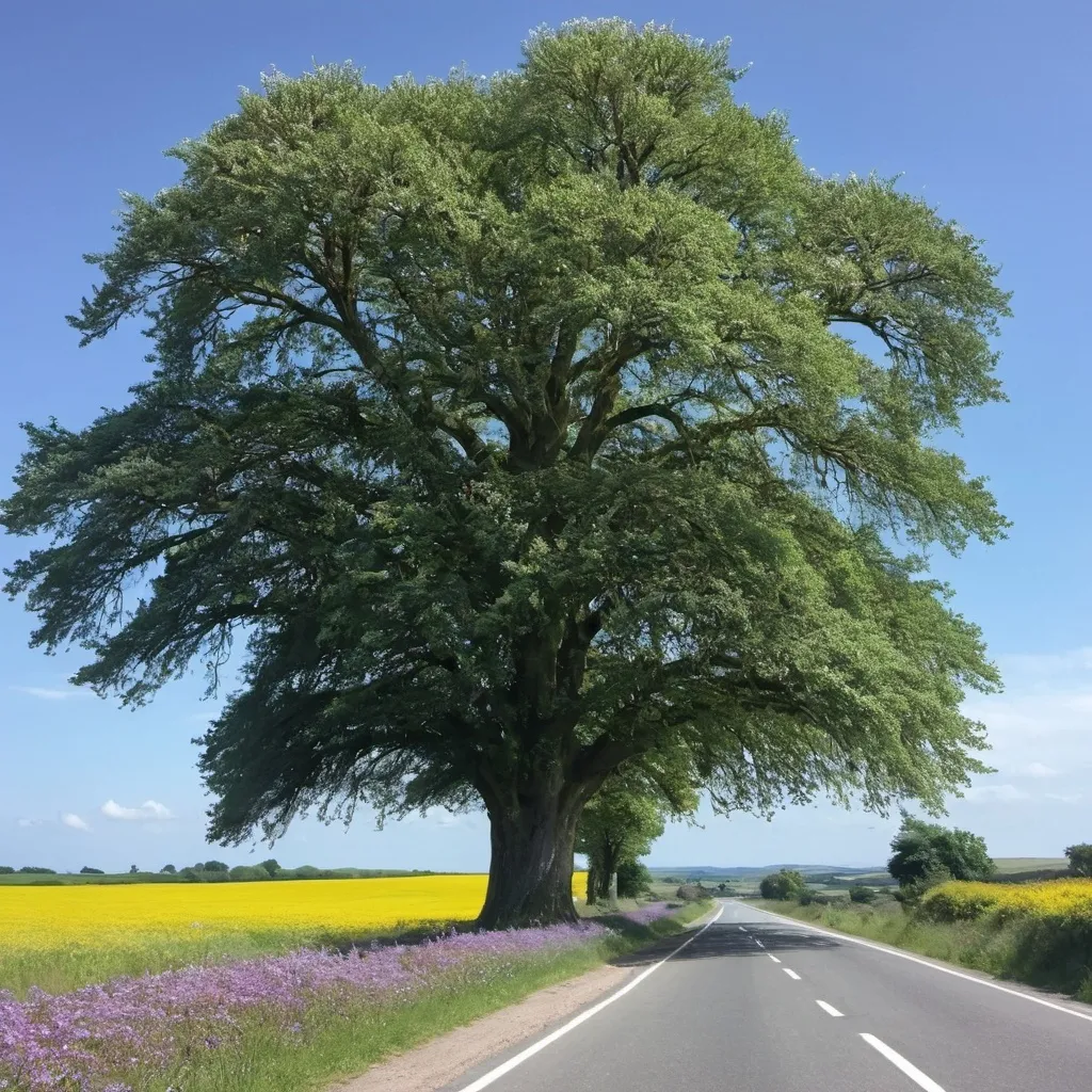 Prompt: A large beautiful tree, in the middle of the road reaching to the horizon.  Lots of sunshine and roadside flowers too