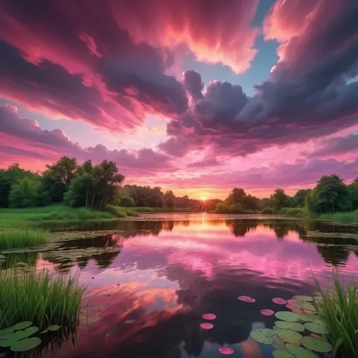 Prompt: Pond sunset with lots of pink in the sky.