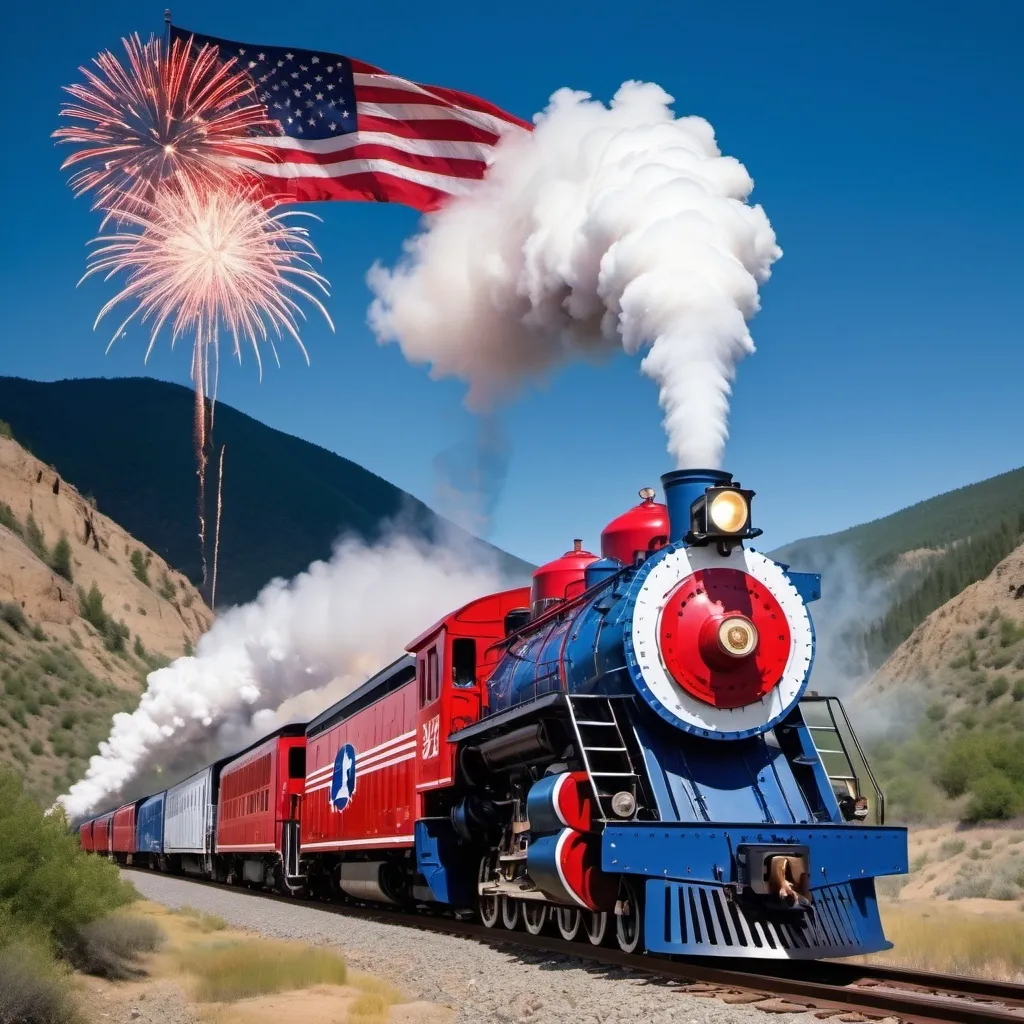 Prompt: Beautiful steam powered locomotive in red, white, blue america colors, emerging from between two mountain tops, bellowing fireworks from its pipes, with a very large american flag catching the wind. it is the Trump Train