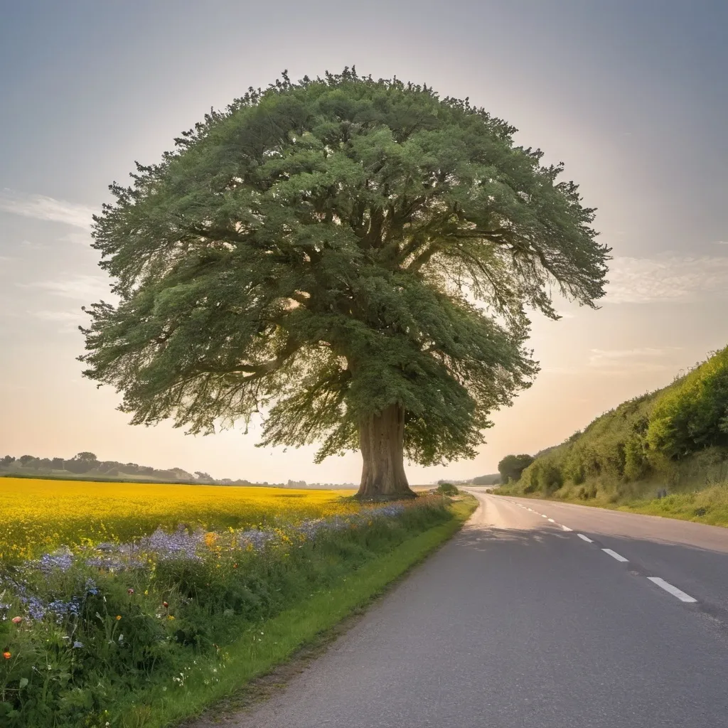 Prompt: A large beautiful tree, in the middle of the road reaching to the horizon.  Lots of sunshine and roadside flowers too