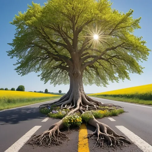 Prompt: A large beautiful tree, in the middle of the road reaching to the horizon, its roots growing strong on the asphalt.  Lots of sunshine and roadside flowers too