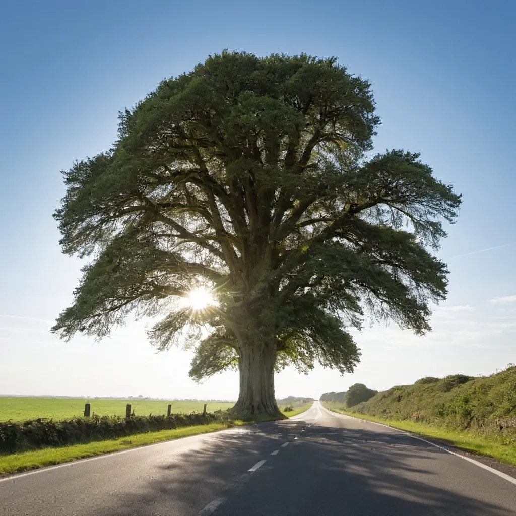 Prompt: A large beautiful tree, in the middle of the road reaching to the horizon.  Lots of sunshine too