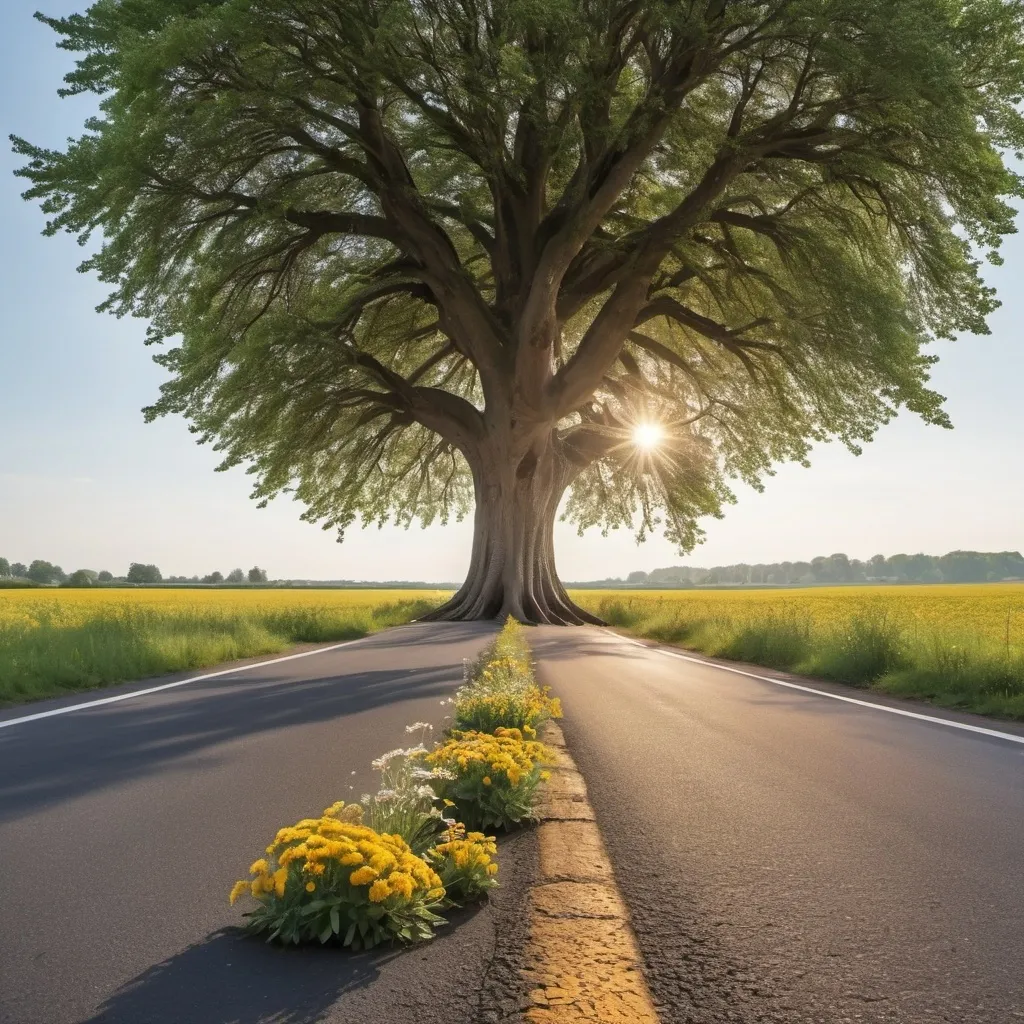 Prompt: A large beautiful tree, in the middle of the road reaching to the horizon, its roots growing strong on the asphalt.  Lots of sunshine and roadside flowers too