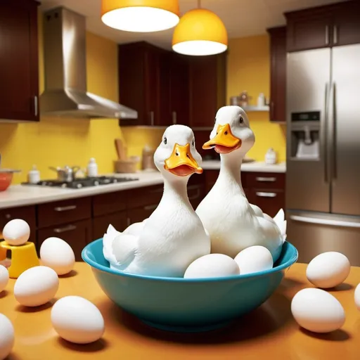 Prompt: cool advertising with (two tall skinny ducks), vibrant colors, dynamic composition, a large, inviting bowl of white eggs in the foreground, playful expressions on the ducks, cozy atmosphere, fun and friendly vibe, eye-catching layout, (ultra-detailed) design, modern and appealing marketing asset, attention-grabbing typography for “Hel's Duck Nuggets,” backdrop featuring a bright and cheerful kitchen setting, high-quality 4K image.